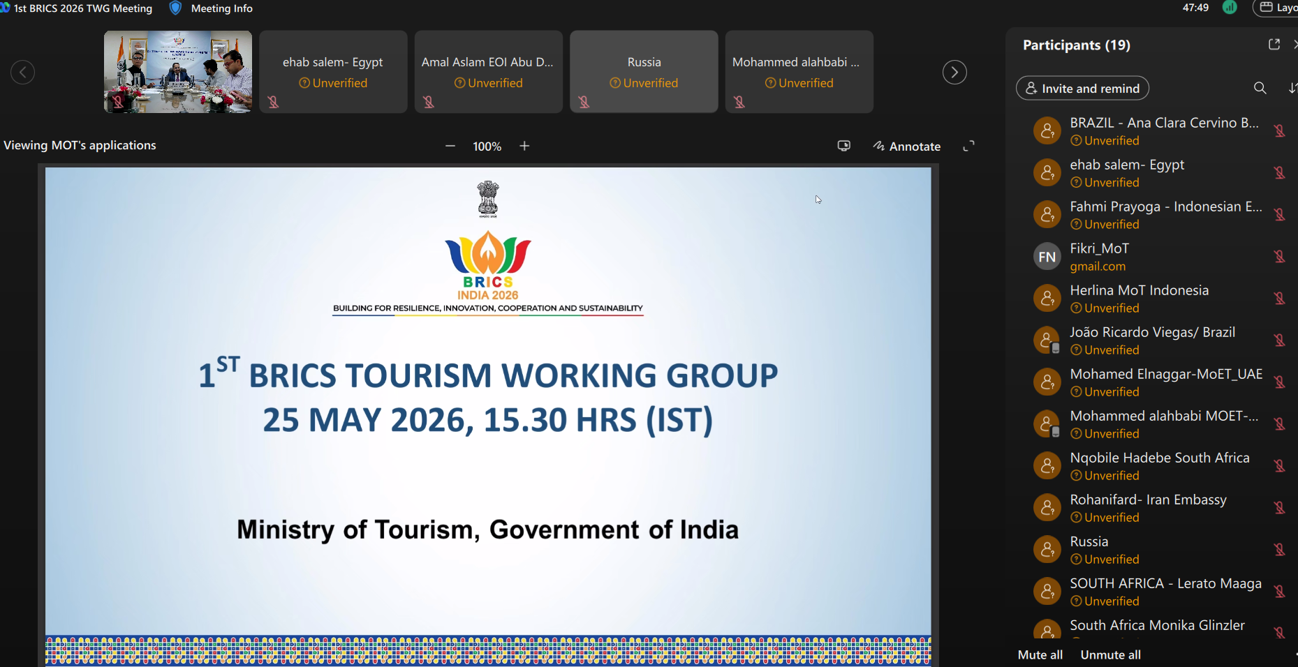 First BRICS Tourism Working Group Meeting